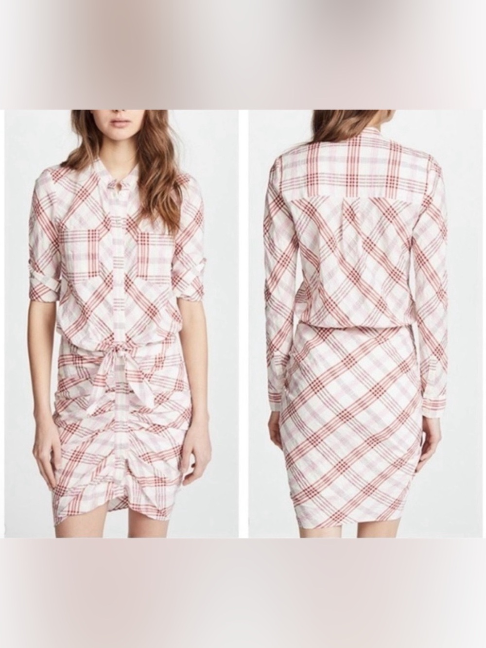 Veronica Beard Della Plaid Tie Front Ruched Dress